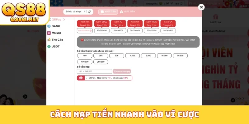 Cách nạp tiền nhanh vào ví cược